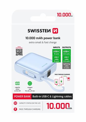 SWISSTEN POWER BANK 10000mAh CON LED DISPLAY E CAVI INTEGRATI USB-C E LIGHTNING 22.5W 22013984