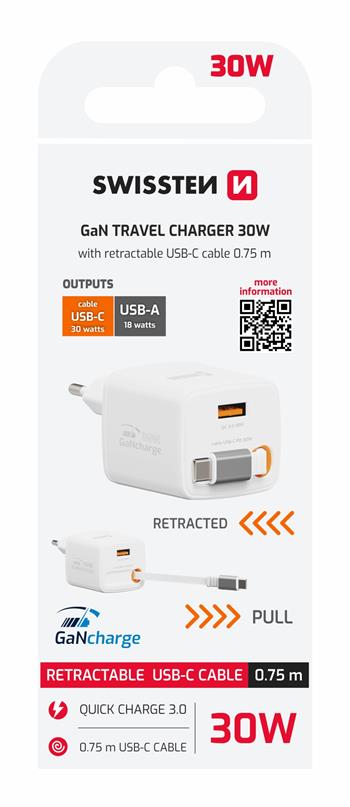 SWISSTEN CARICABATTERIE 30W POWER DELIVERY GaN CON CAVO RETRATTILE  USB-C E PORTA USB 18W 22070203