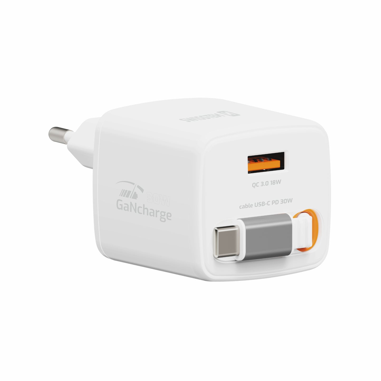 SWISSTEN CARICABATTERIE 30W POWER DELIVERY GaN CON CAVO RETRATTILE  USB-C E PORTA USB 18W 22070203