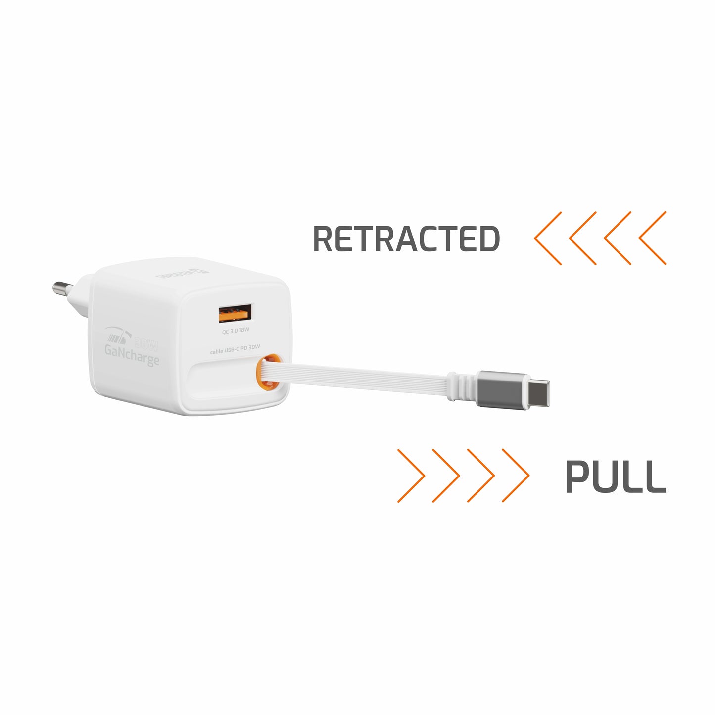 SWISSTEN CARICABATTERIE 30W POWER DELIVERY GaN CON CAVO RETRATTILE  USB-C E PORTA USB 18W 22070203