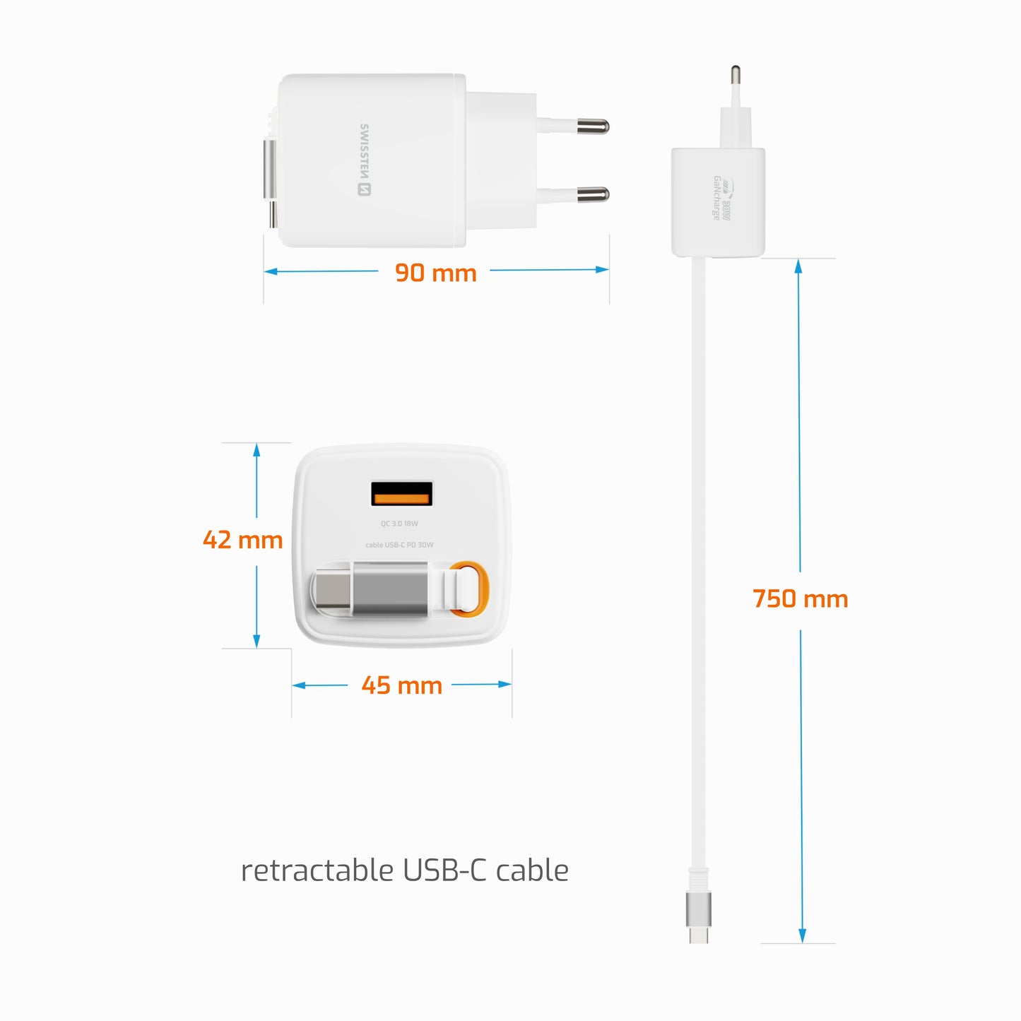 SWISSTEN CARICABATTERIE 30W POWER DELIVERY GaN CON CAVO RETRATTILE  USB-C E PORTA USB 18W 22070203