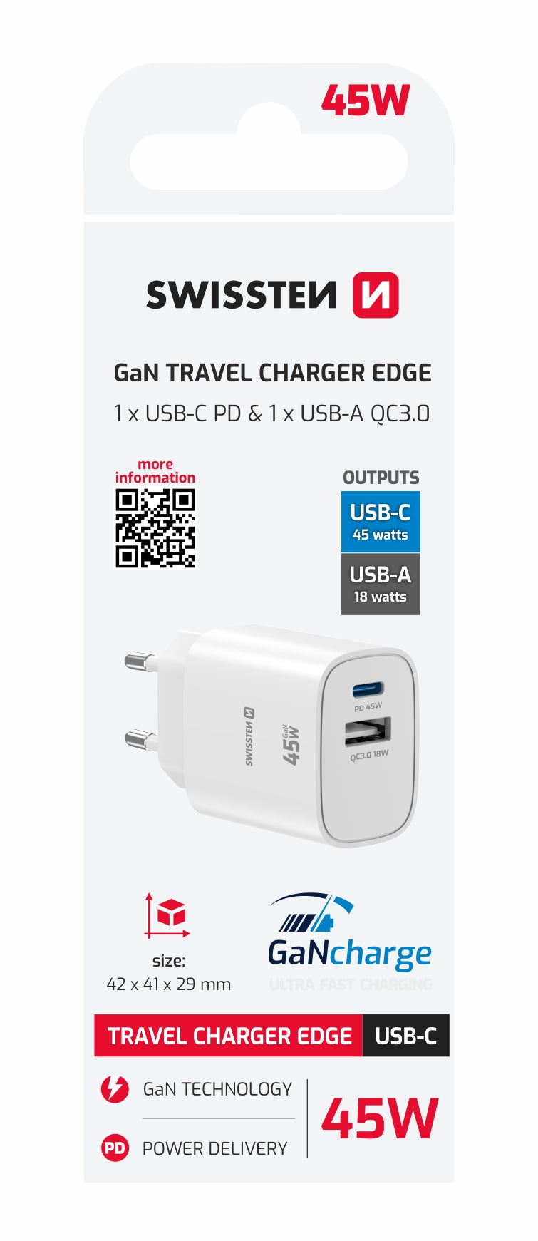 SWISSTEN CARICABATTERIE 45W DUO (USB-A+USB-C) POWER DELIVERY GaN QUICK CHARGER 3.0