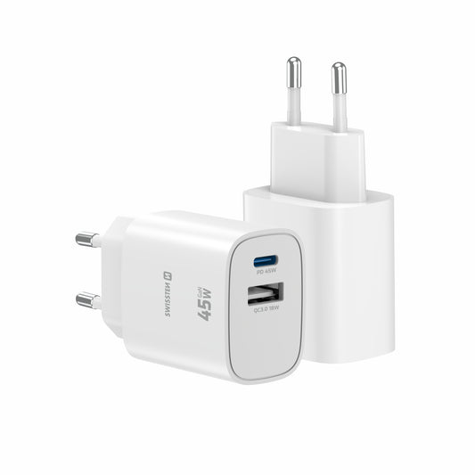 SWISSTEN CARICABATTERIE 45W DUO (USB-A+USB-C) POWER DELIVERY GaN QUICK CHARGER 3.0