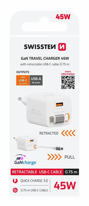 SWISSTEN CARICABATTERIE 45W POWER DELIVERY GaN CON CAVO RETRATTILE  USB-C E PORTA USB 18W 22071350