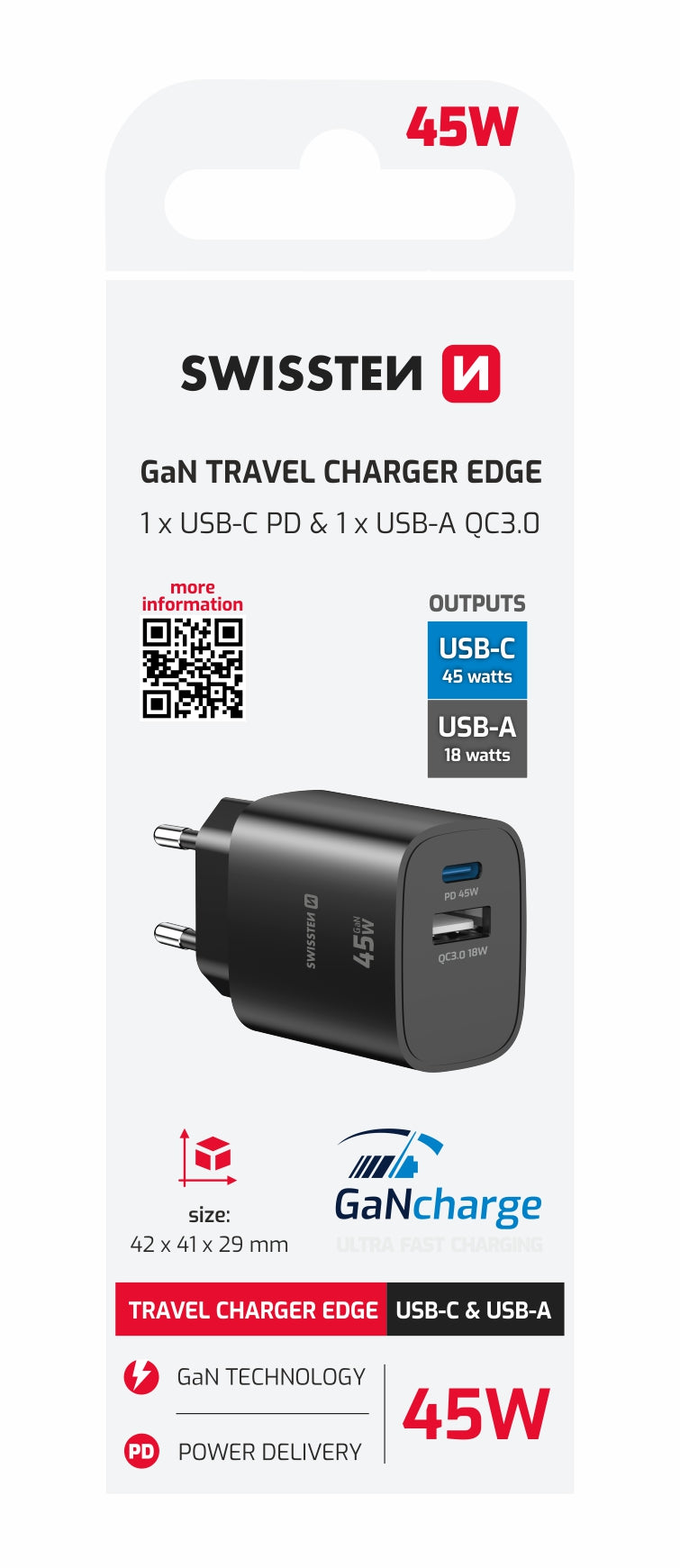 SWISSTEN CARICABATTERIE 45W DUO (USB-A+USB-C) POWER DELIVERY GaN QUICK CHARGER 3.0
