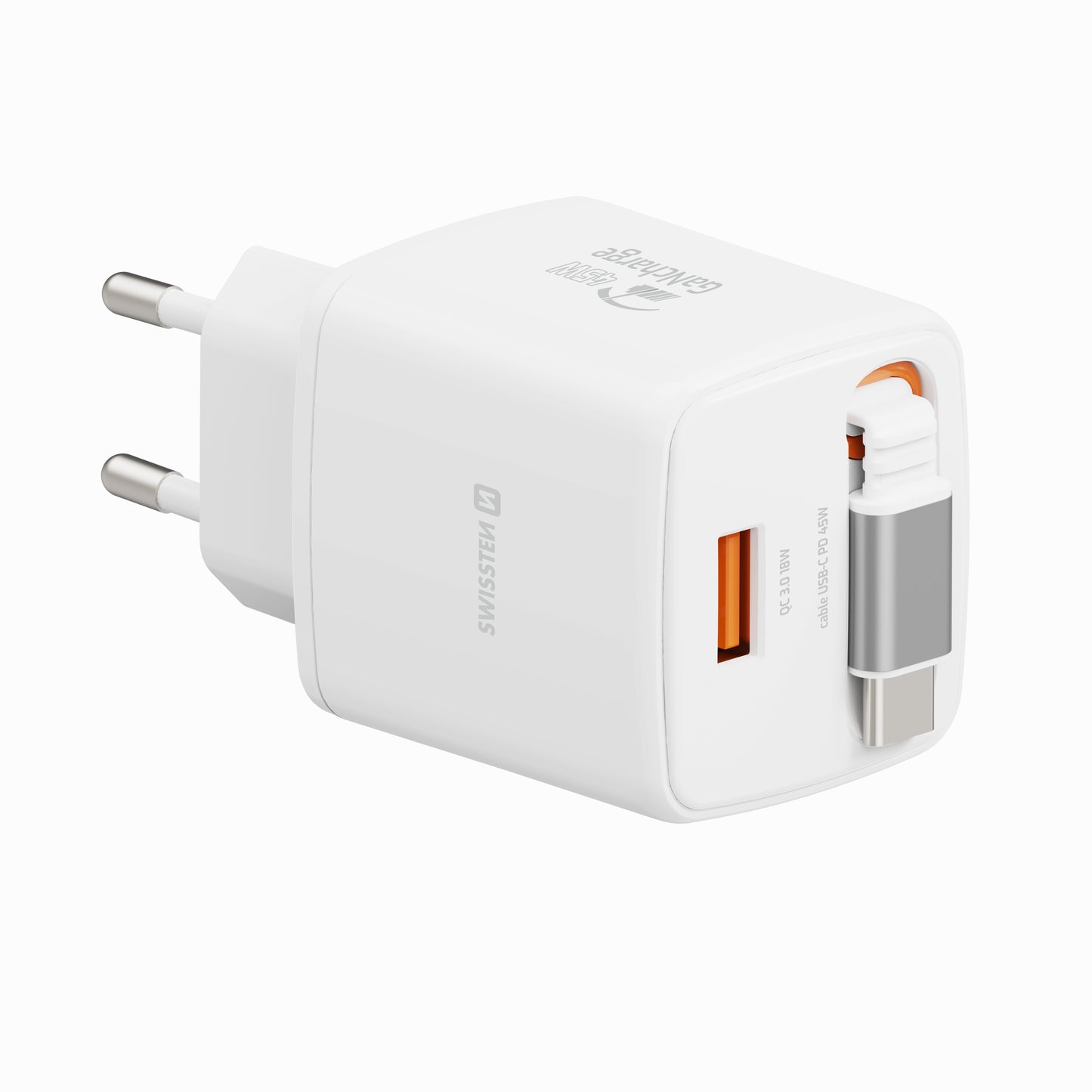 SWISSTEN CARICABATTERIE 45W POWER DELIVERY GaN CON CAVO RETRATTILE  USB-C E PORTA USB 18W 22071350