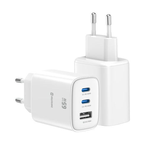 SWISSTEN CARICABATTERIE 65W POWER DELIVERY GaN TRIO (DUE PORTE USB-C ED UNA USB-A QUICK CHARGE 18W) 22071720