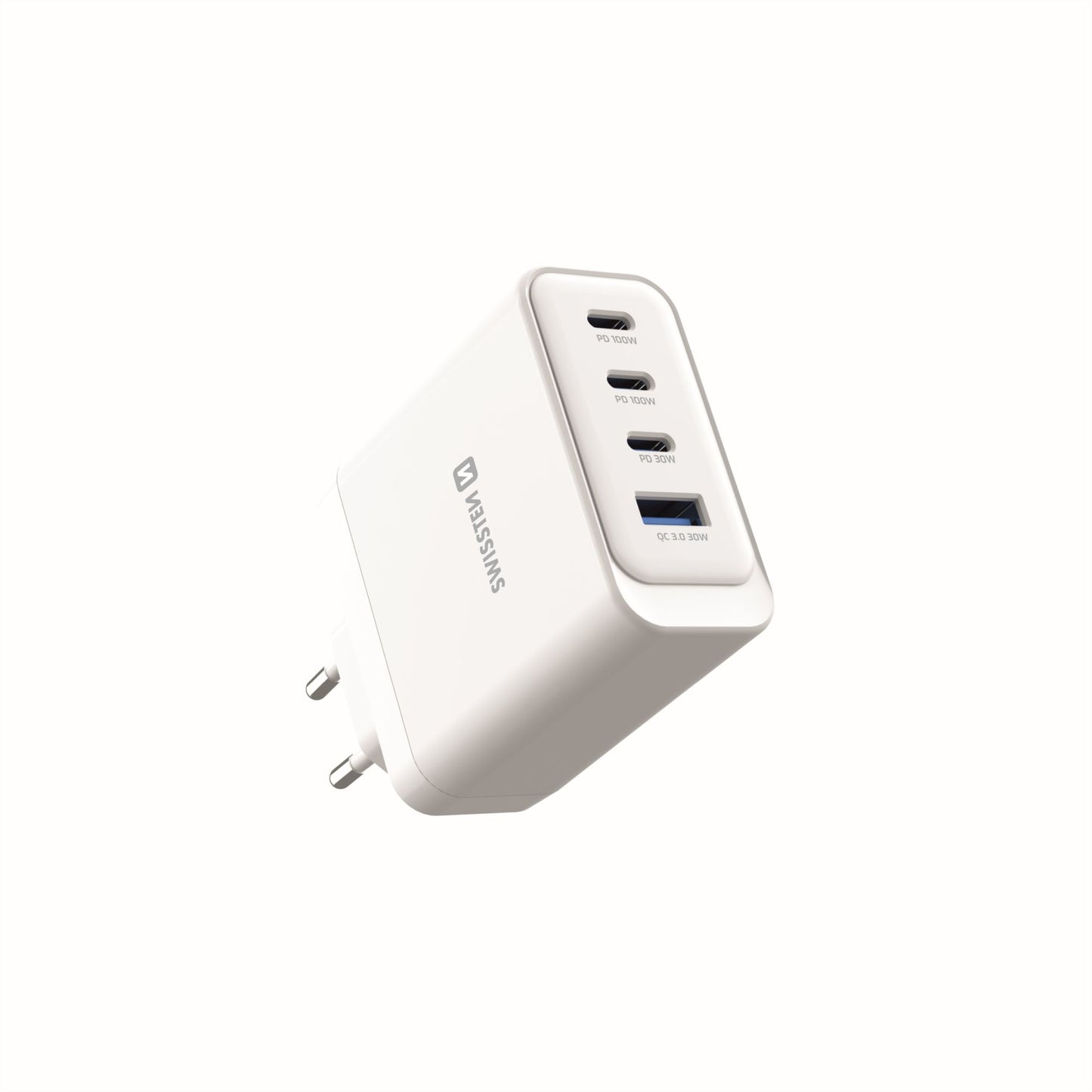 SWISSTEN CARICABATTERIE GaN 100W POWER DELIVERY QUICK CHARGE 4 PORTE:  2x USB-C PD 100W  1x USB-C PD 20W  1x USB-A QC 30W 22071610