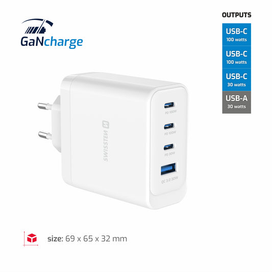 SWISSTEN CARICABATTERIE GaN 100W POWER DELIVERY QUICK CHARGE 4 PORTE:  2x USB-C PD 100W  1x USB-C PD 20W  1x USB-A QC 30W 22071610