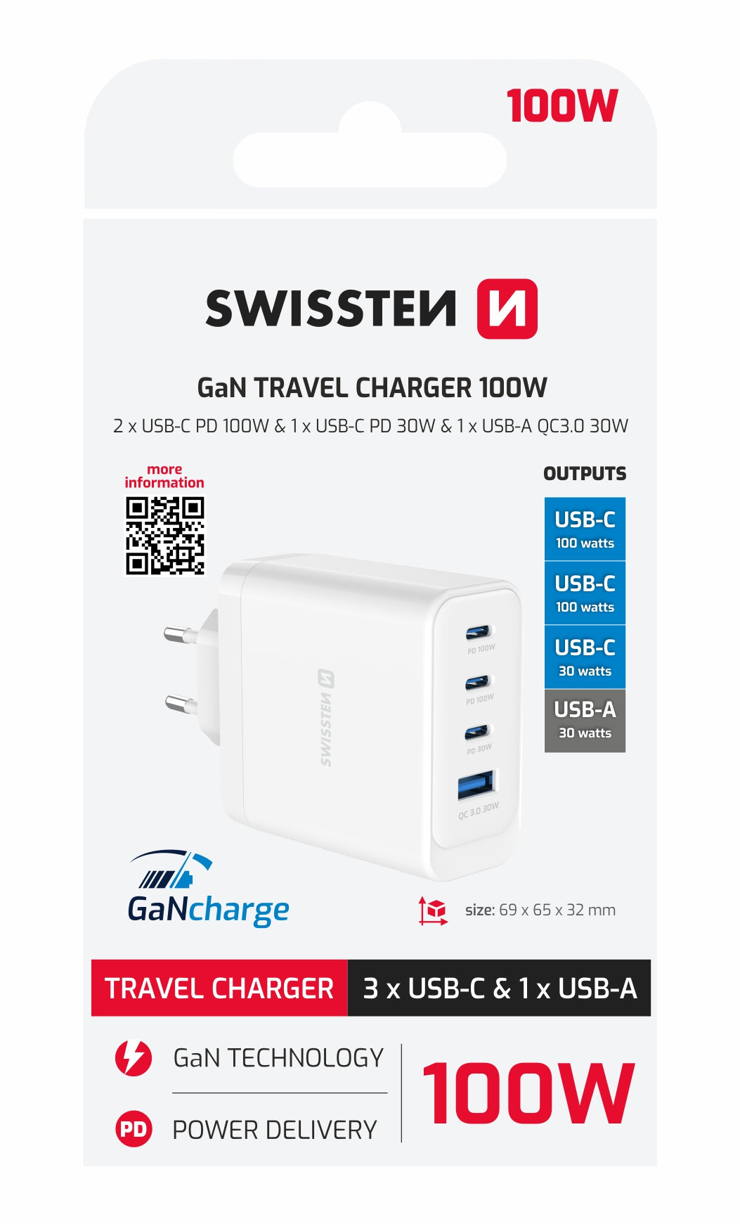 SWISSTEN CARICABATTERIE GaN 100W POWER DELIVERY QUICK CHARGE 4 PORTE:  2x USB-C PD 100W  1x USB-C PD 20W  1x USB-A QC 30W 22071610
