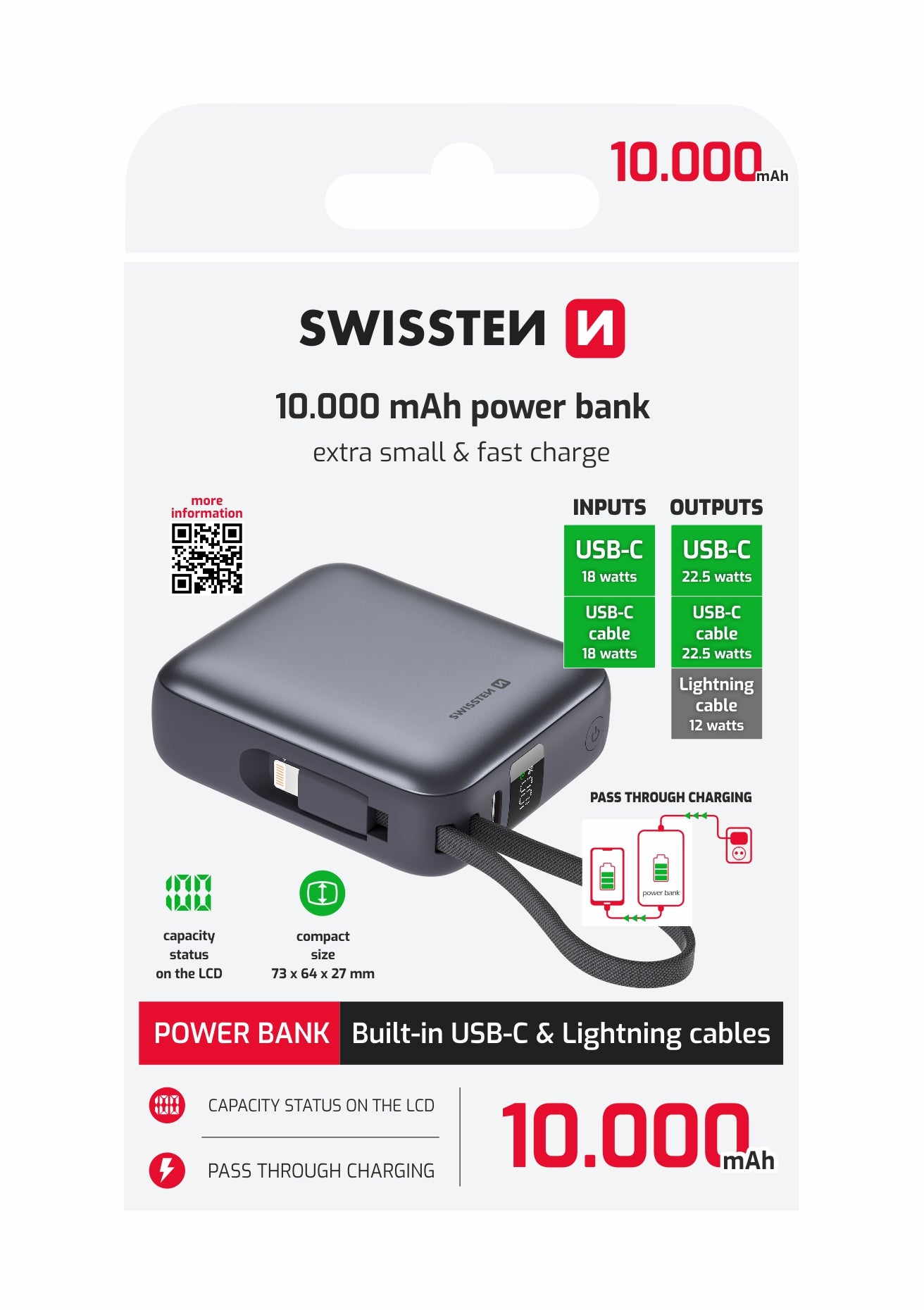 SWISSTEN POWER BANK 10000mAh CON LED DISPLAY E CAVI INTEGRATI USB-C E LIGHTNING 22.5W 22013939