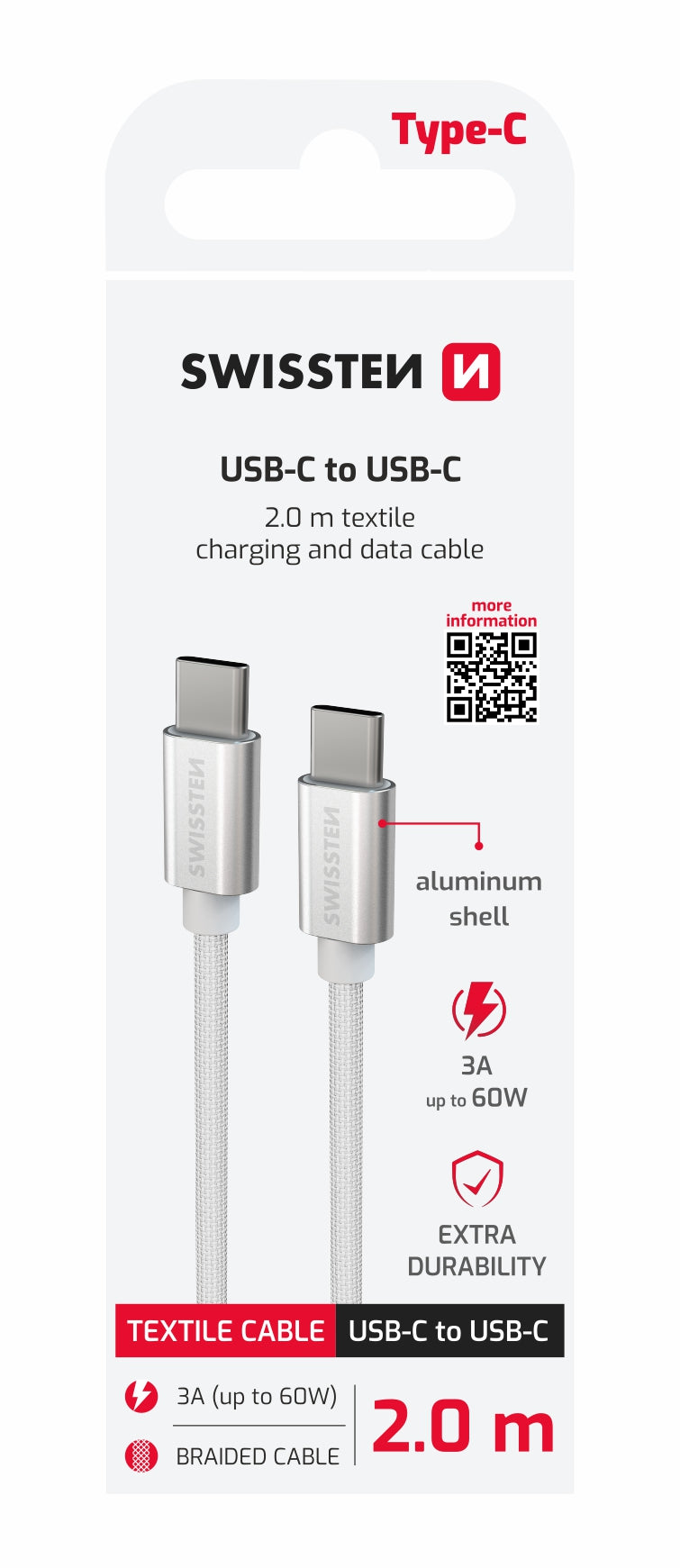 SWISSTEN CAVO DATI TESSILE RINFORZATO GIRGIO USB-C / USB-C 3A 60W