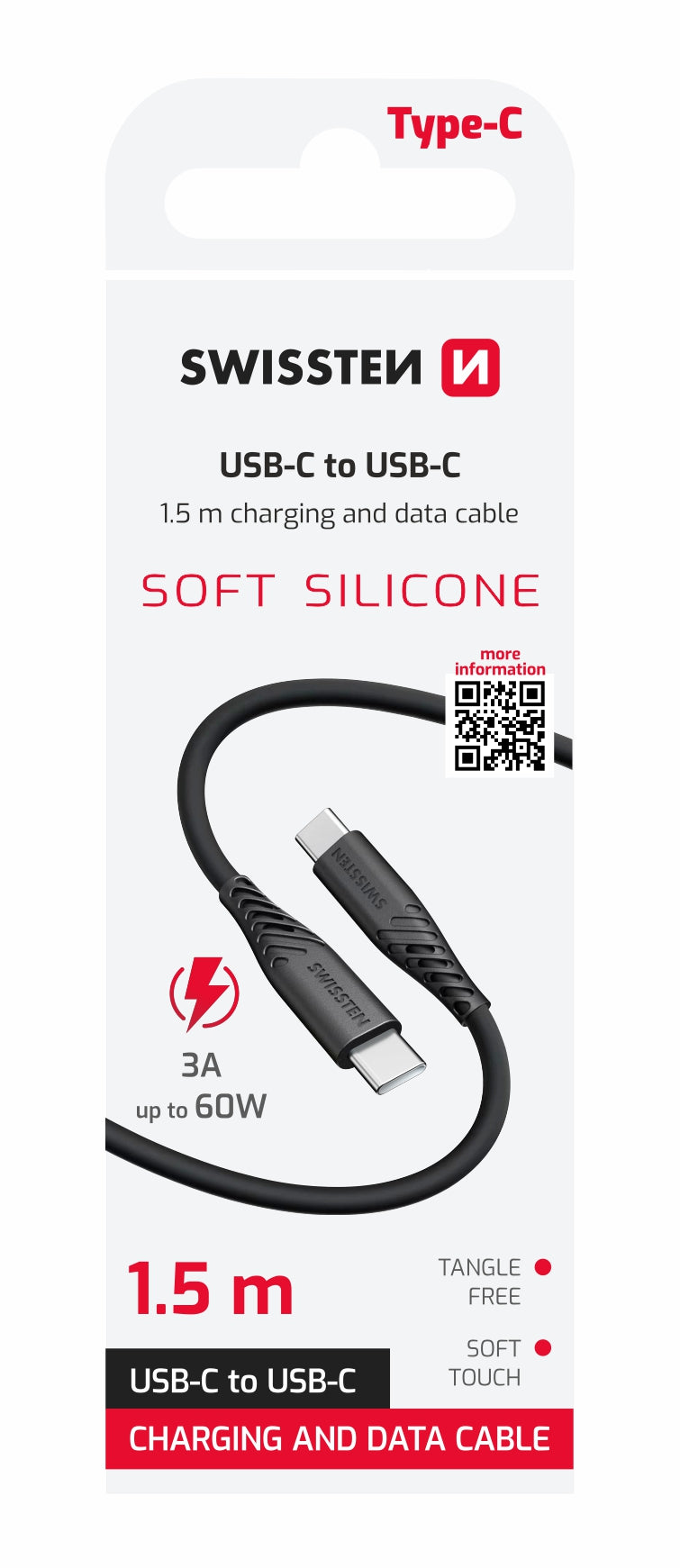 SWISSTEN CAVO DATI GOMMATO USB-C / USB-C NERO DA 1,5 MT 3A 60W 71532010