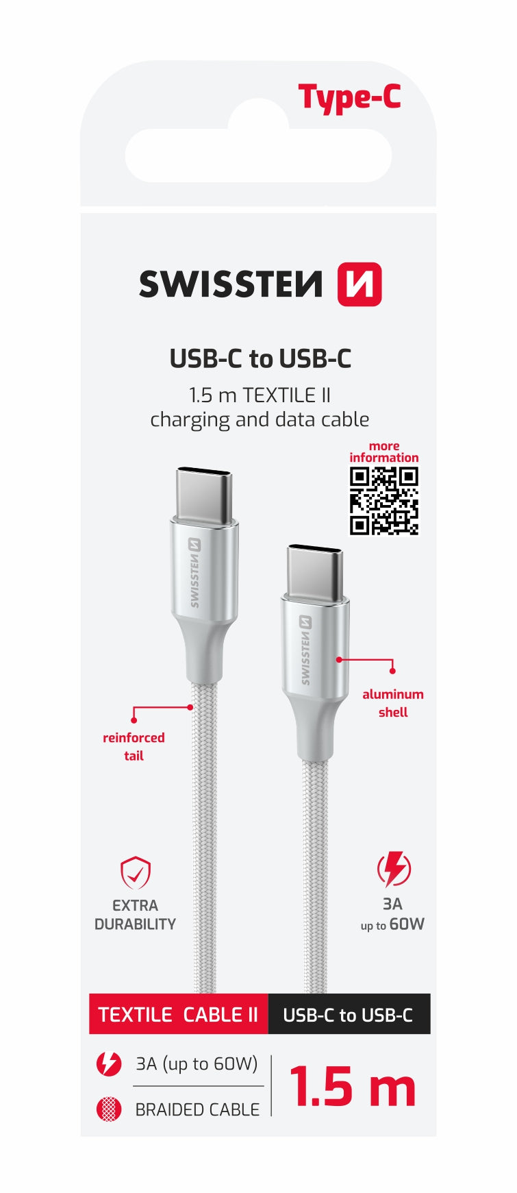 SWISSTEN CAVO DATI INTRECCIATO USB-C / USB-C DA 1,5MT 3A 60W 71528204
