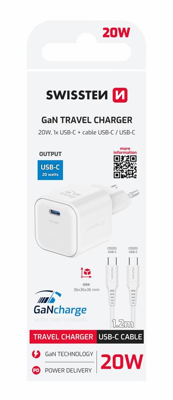 SWISSTEN CARICABATTERIE 20W POWER DELIVERY GaN USB-C CON CAVO USB-C USB-C 60W (480 mb/s)