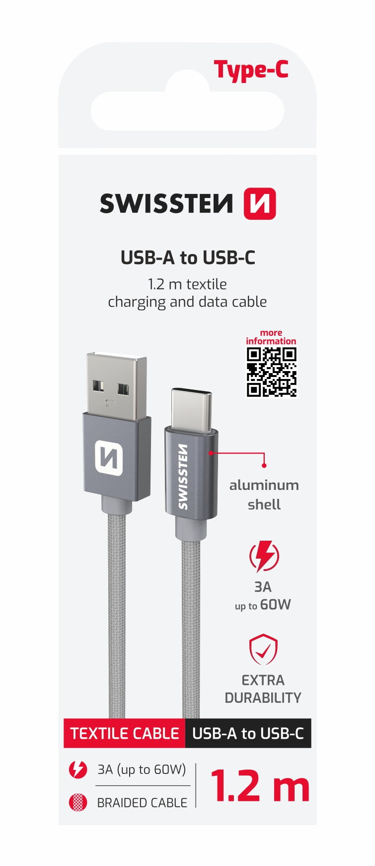 SWISSTEN CAVO DATI TESSILE RINFORZATO SILVER USB-A / USB-C  1,2 MT 3A 71521202