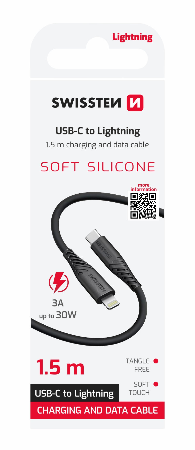 SWISSTEN CAVO DATI GOMMATO USB-C / LIGHTNING NERO DA 1,5 MT 3A 60W 71534010