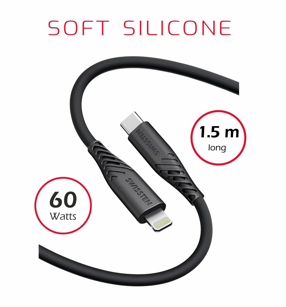 SWISSTEN CAVO DATI GOMMATO USB-C / LIGHTNING NERO DA 1,5 MT 3A 60W 71534010