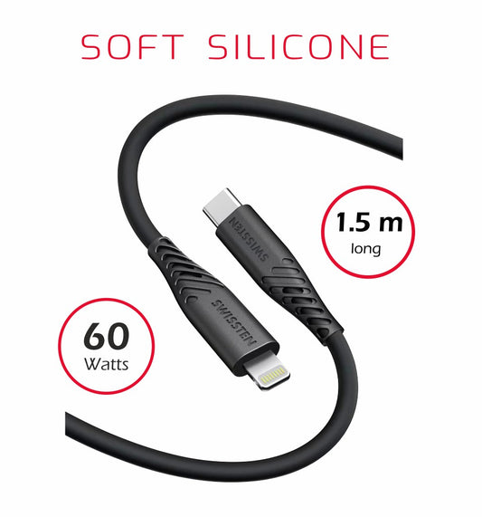 SWISSTEN CAVO DATI GOMMATO USB-C / LIGHTNING NERO DA 1,5 MT 3A 60W 71534010