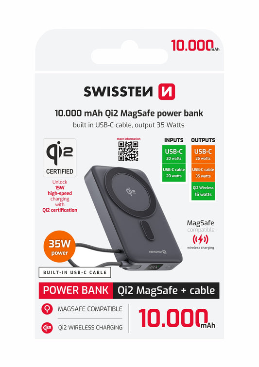 SWISSTEN POWER BANK 10000mAh CON LED DISPLAY Qi2 MagSafe CON CAVO INTEGRATO USB-C 35W 22013979