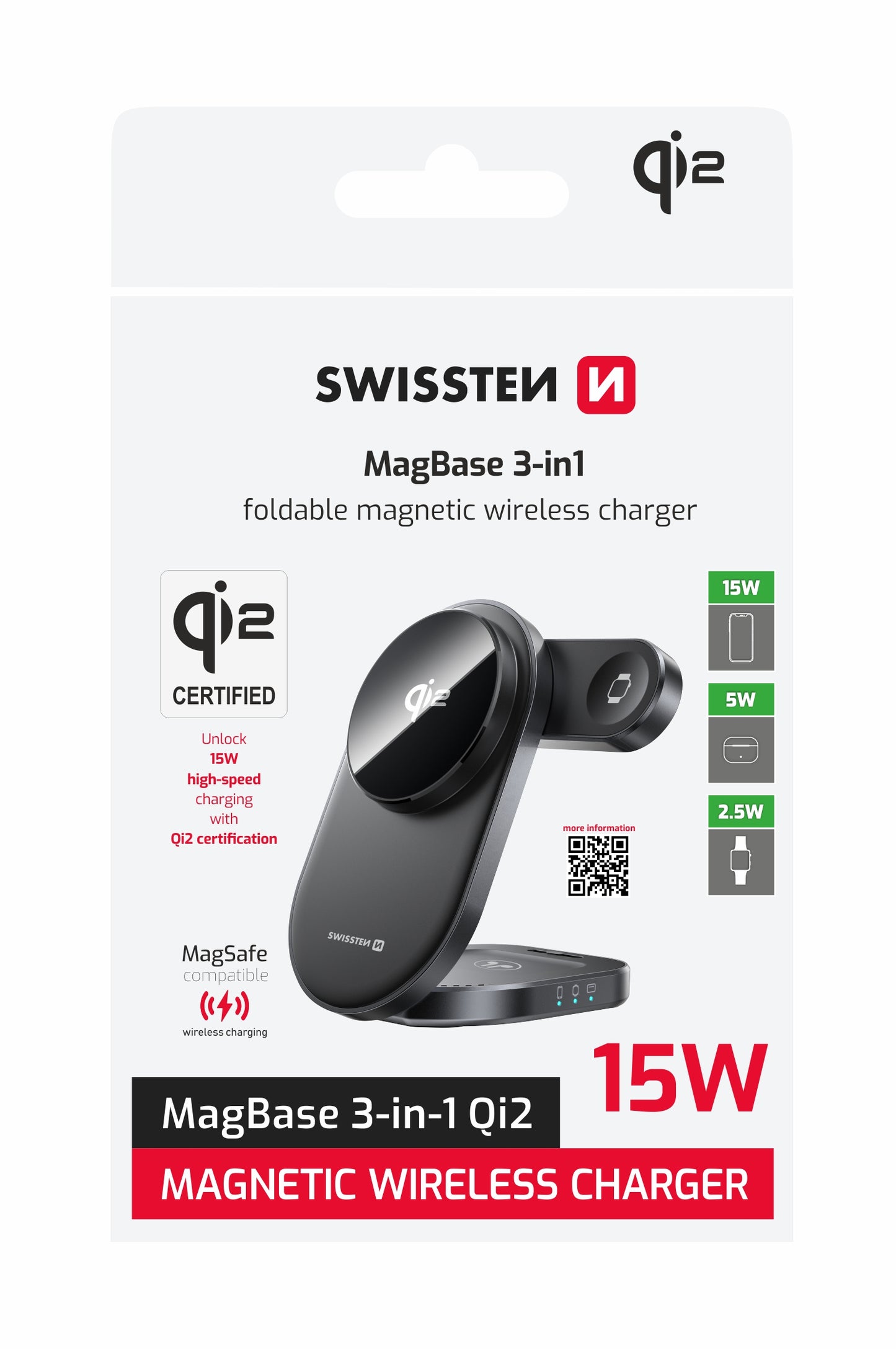 SWISSTEN SUPPORTO DI RICARICA 3 IN 1 DA SCRIVANIA Qi2 MAGSAFE COMPATIBILE PIEGHEVOLE 22055570